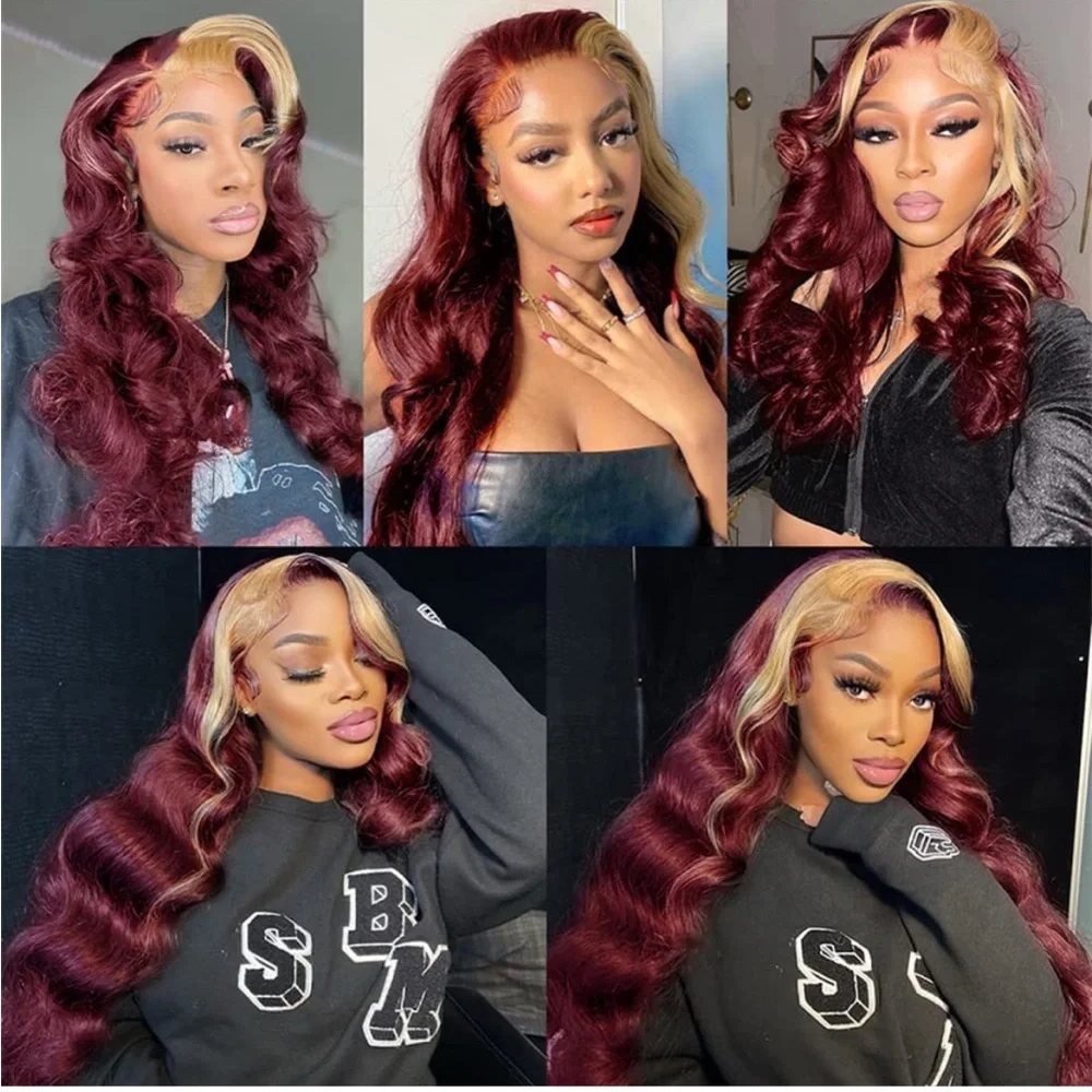 💕 SHEN 24” 99J Skunk Stripe Burgundy Blonde Colored Lace Front Human Hair *NEW*